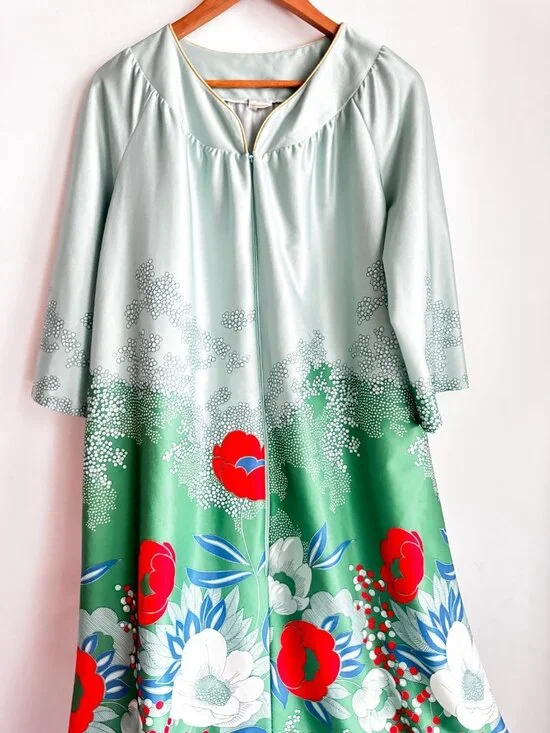 Vintage Princess Green Red Floral Colourful 70s Housedress XL - Picture 5 of 5